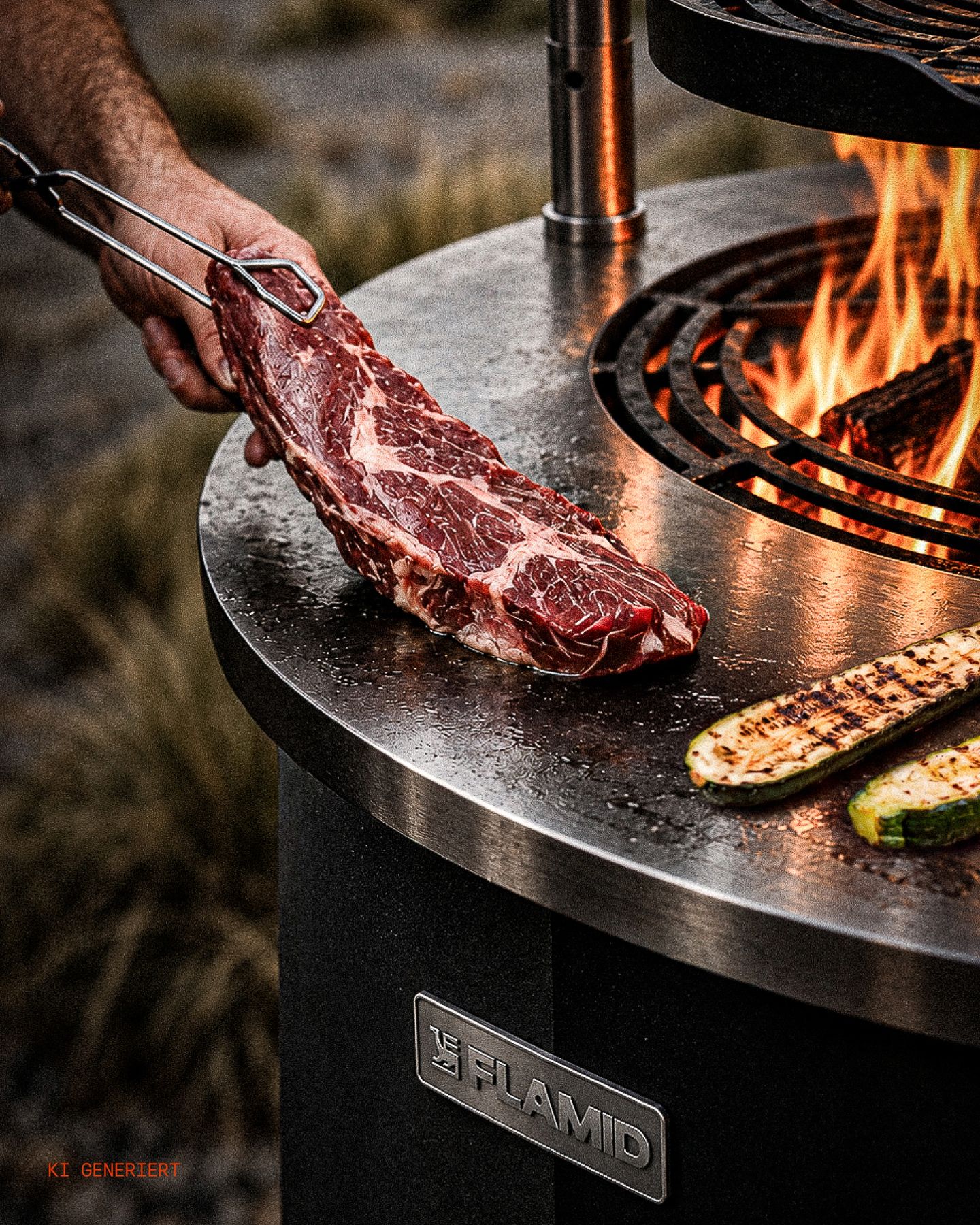 Steak und Zucchini auf der Flamid-Grillplatte am offenen Feuer